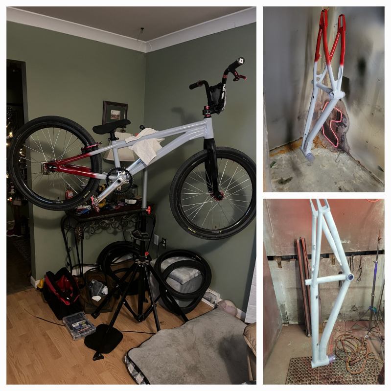 BMX bicycle frames powder coated and built into a finished bike — before and after