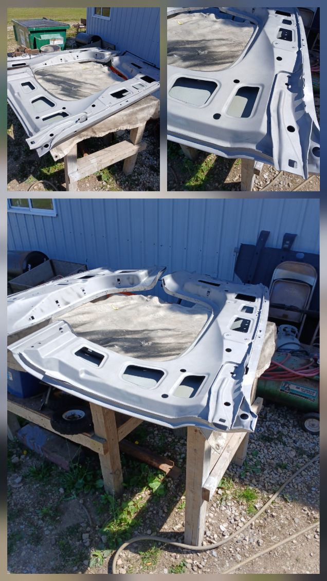 Large automotive body panel media blasted to clean bare metal — before and after