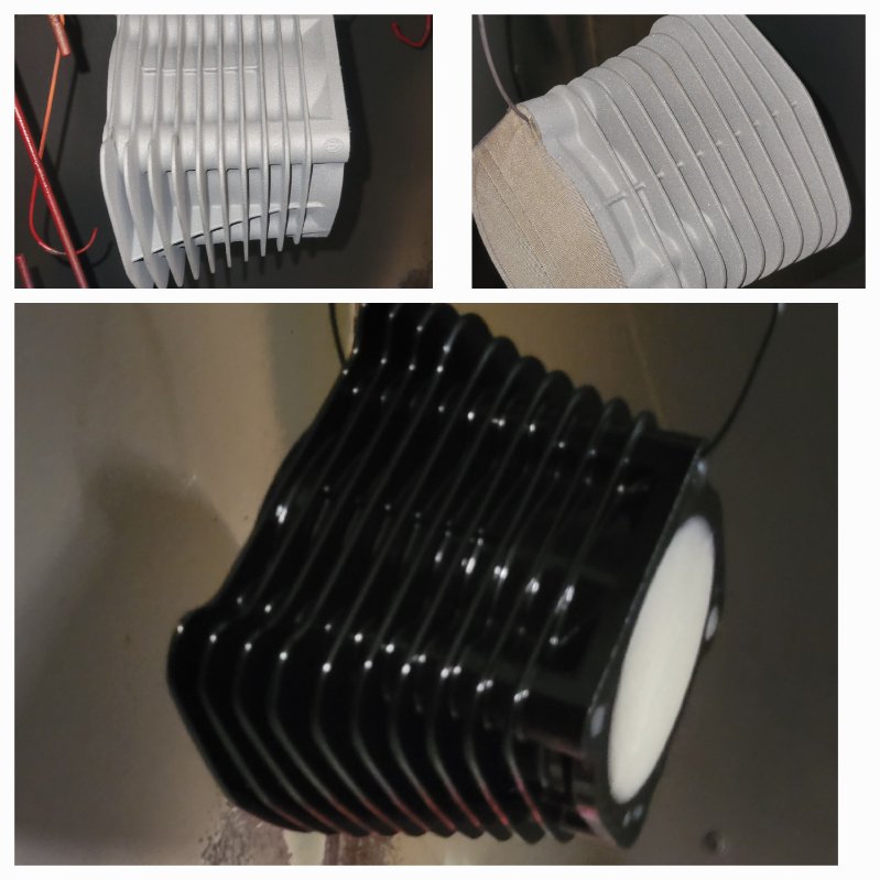 Motorcycle engine cylinder powder coated gloss black — before and after