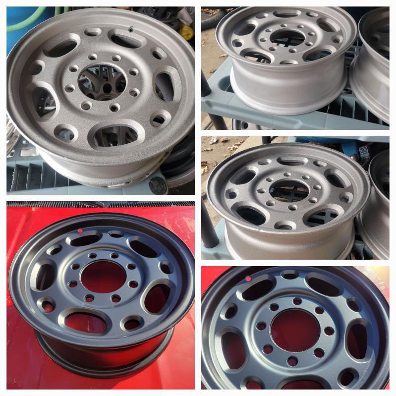 Truck wheel blasted to bare metal then powder coated gunmetal grey — before and after